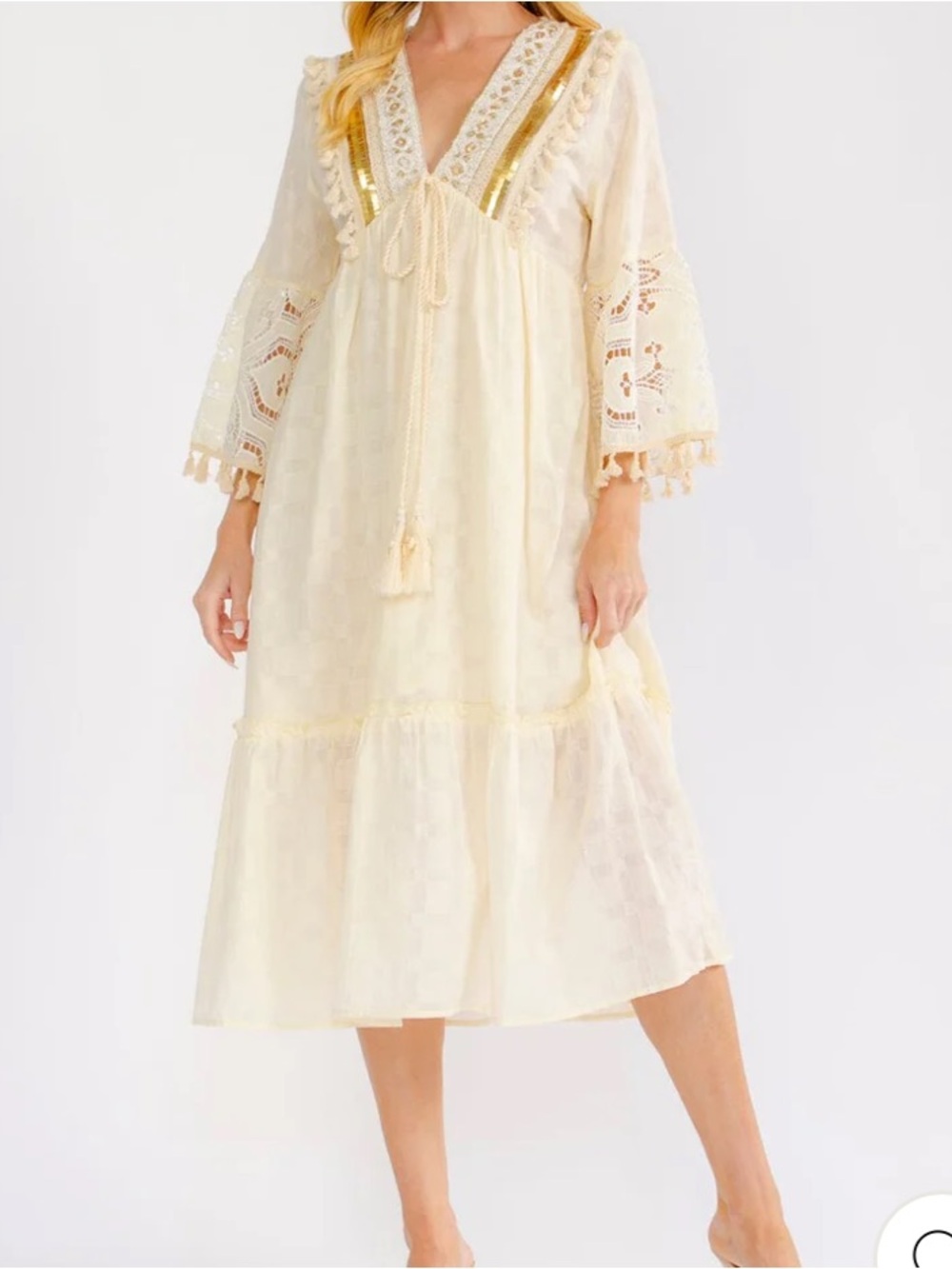 Boho womans Ivory Lace-Trim Midi Dress with Tassels size S-M-L